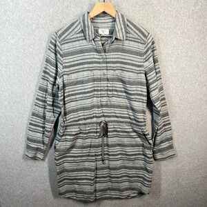 Lou & Grey Striped Flannel Shirt Dress Grey Cotton Drawstring Waist Womens Small